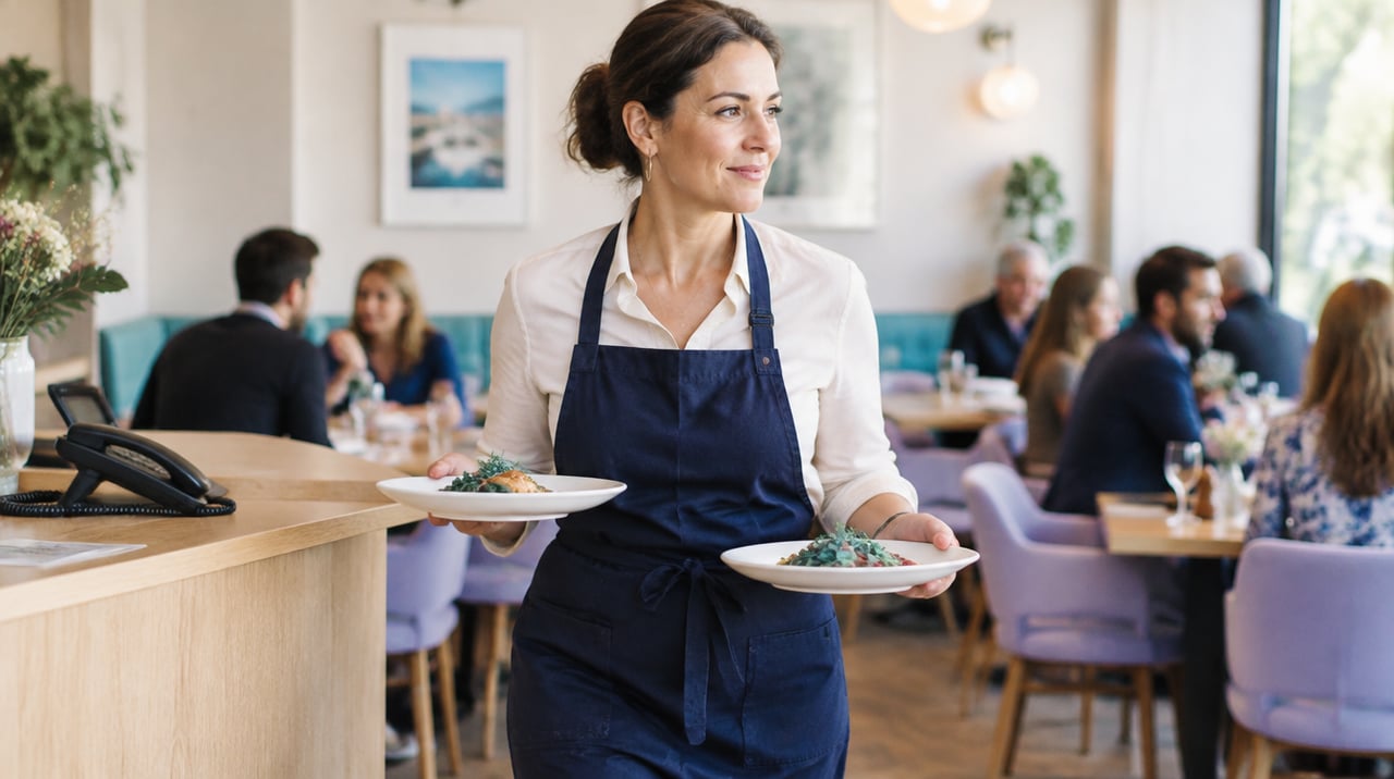 Serveuse dans une salle de restaurant pendant le service.