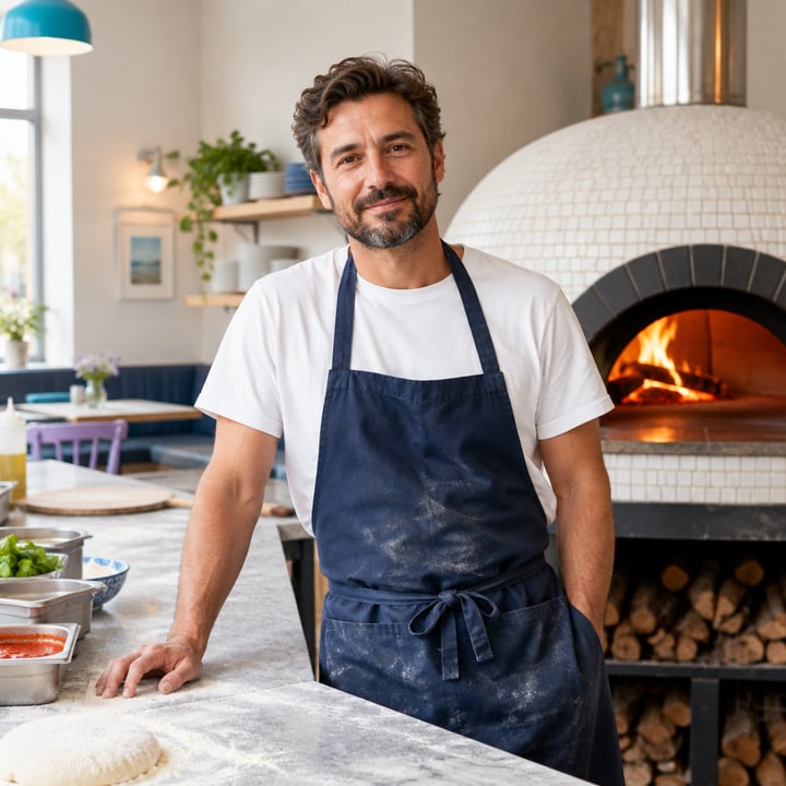Gérant de pizzeria près du four et du plan de travail.