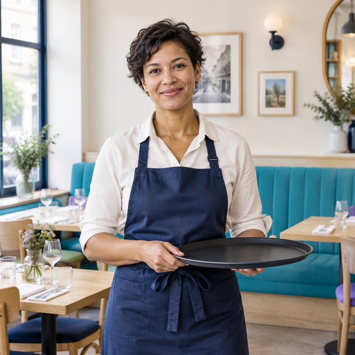Responsable de salle avec un plateau dans un bistrot.